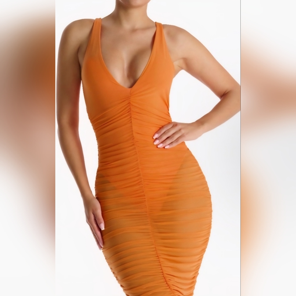 Naked Wardrobe Orange Ruched Halter Midi Dress